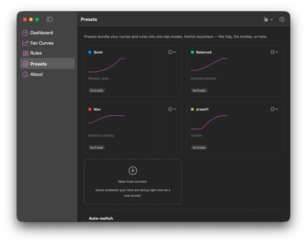 CoolCurve’s Presets view showing Quiet, Balanced, Max and a saved custom preset, each with a curve preview, plus New from current.